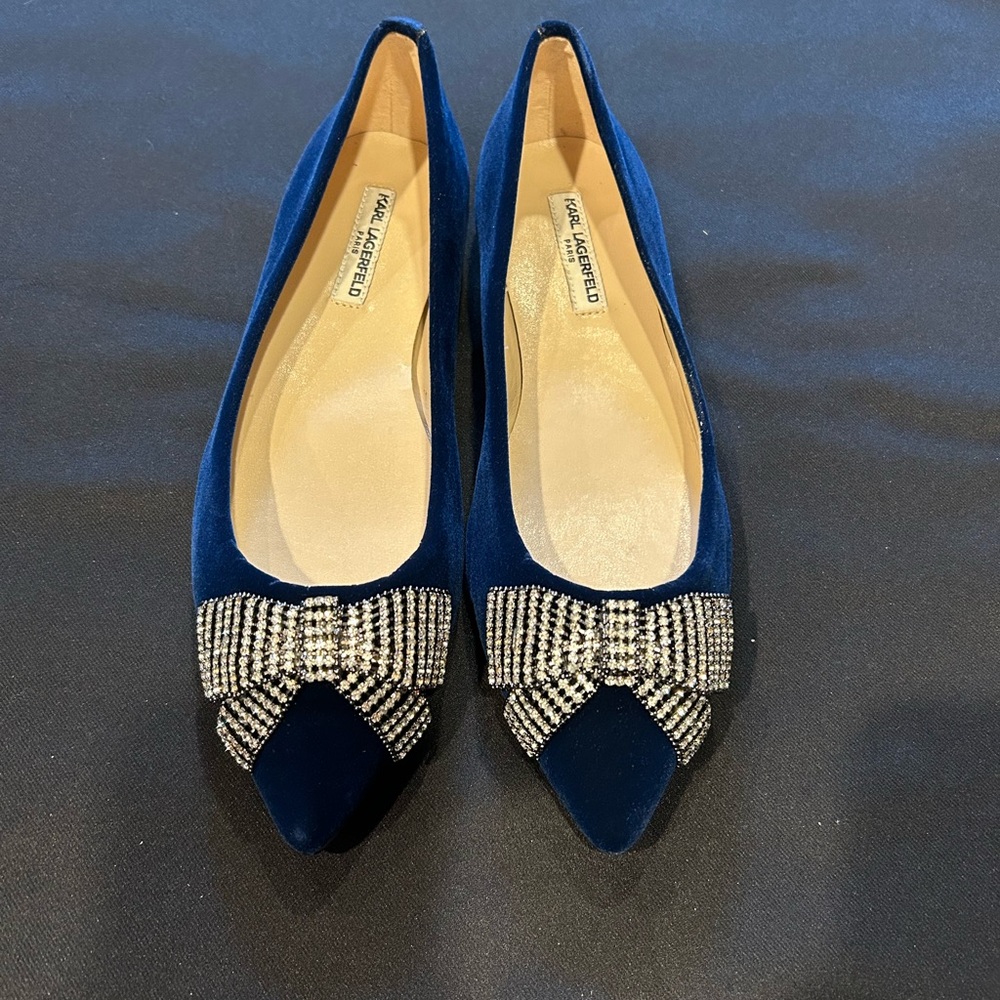 Karl Lagerfeld Damia Blue Velvet Flats with Crystal Bow